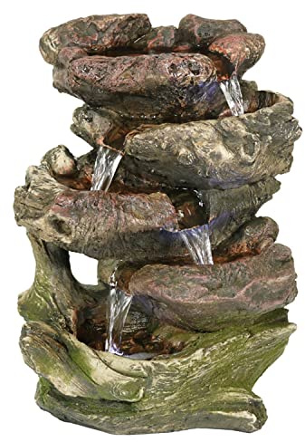 Sunnydaze Fontana da tavolo per interni a 5 gradini da 35,6 cm, con luci a LED, pompa sommergibile elettrica, in poliresina e fibra di vetro, colore marrone
