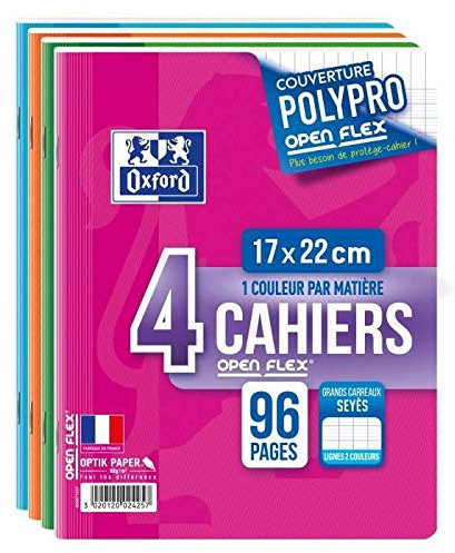 Oxford OpenFlex - Lot de 4 Cahiers 17 x 22cm 96 Pages Grands Carreaux Seyès Couverture Polypro Ouverture Facile