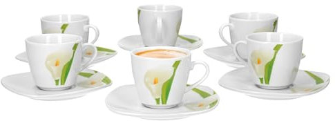 Van Well 6er Set, 2-tlg. Espresso-Set Calla, Espresso-Tasse + Unterteller, 80 ml, weißer Blütenkelch, Pflanzendekor, edles Porzellan-Geschirr, Gastro