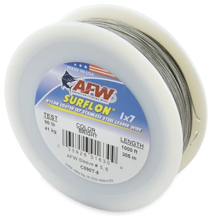 American Fishing Wire Surflon, Nylon Coated 1x7 Stainless Steel Leader Wire, 90 lb Test, .036 Diameter, Bright, 1000 ft