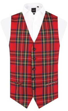 Dobell Mens Red Tartan Waistcoat Regular Fit 5 Button