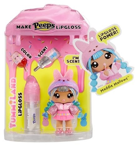 Yummiland x Peeps Lip Gloss Doll - Maddie Mallows - Enthält 1 Puppe mit Mode zum Gestalten und Lipgloss-Set mit Einzigartiger Farbe, Duft und Klarer Basis, für Kinder ab 4 Jahren