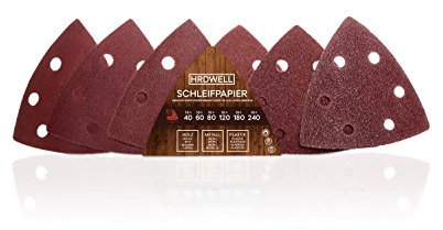 HRDWELL Klett-Schleifdreiecke Für Delta-Schleifer 93x93x93 mm Ø 60 Stück Körnung je 10 x 40/60/80/120/180/240 Haft Schleifdreick Delta-Schleifpapier Dreieckschleifer Dreieckig 6 Loch