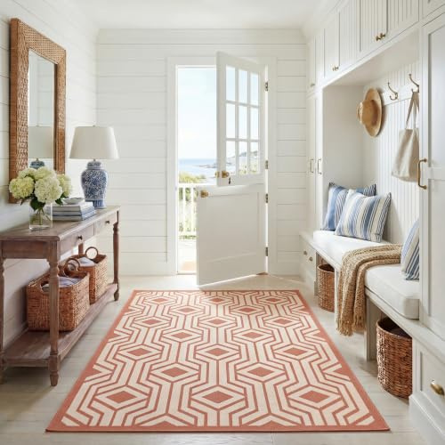 SAFAVIEH Washable Rug Outdoor Courtyard Collection - 6'7 x 9'6, Beige & Terracotta, Non-Shedding & Easy Cleaning, Ideal for Patio, Backyard, Mudroom (CY6113-231)
