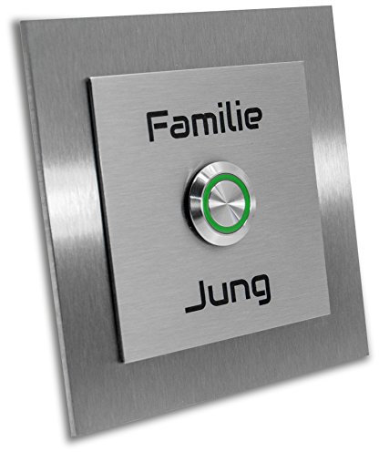 Jung-Edelstahl-Design Türklingel mit GravurParis. Klingelplatte 10x10 cm. Led Taster grün. Klingelschild V2a Edelstahl.