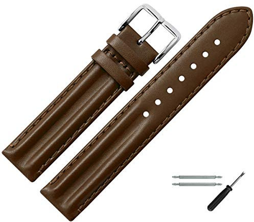 MARBURGER Uhrenarmband 18mm Leder Braun Silber Glatt Mit Naht - Montage Set 7931832000120