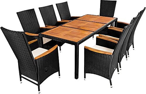 Casaria® Polyrattan Sitzgruppe Akazie 8 Stühle inkl. 7cm Auflagen Verstellbare Rückenlehne 190x90cm Gartentisch Wetterfest Sitzgarnitur Gartenmöbel Set