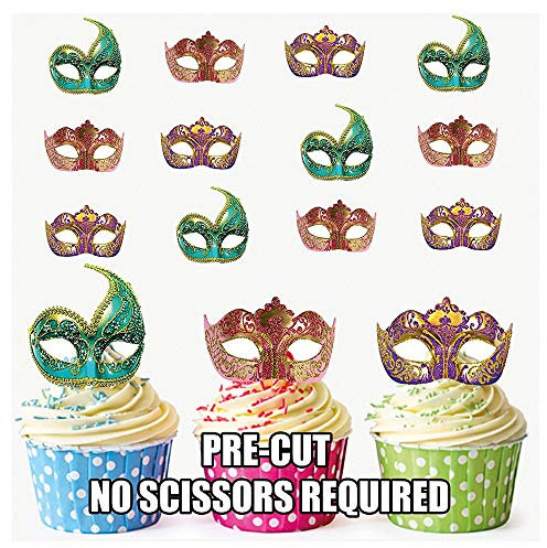 AK Giftshop Precut Masquerade Ball Masks, Gold Mix - Edible Cupcake Toppers/Cake Decorations (Pack of 12)