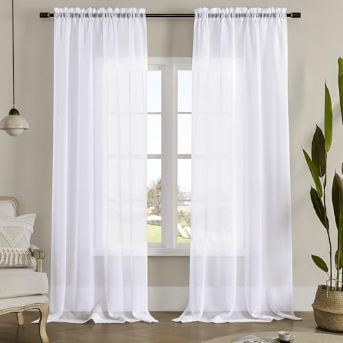 MYSTIC-HOME Weiße, durchsichtige Vorhänge, 213,4 cm lang, durchsichtige Gardinen mit Stangentasche, 2 Paneele, halbgeknitterter Voile, Fenstervorhänge für Wohnzimmer, weiß, 132,1 cm B x 213,4 cm L