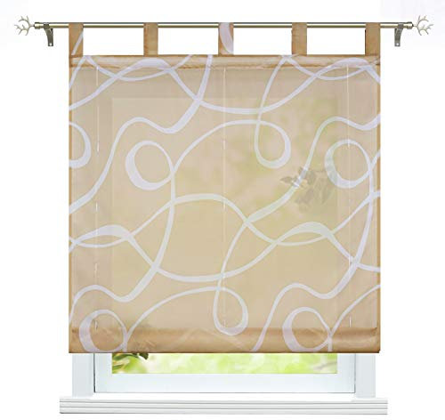 ESLIR Raffrollo mit Schlaufen Transparente Raffgardinen Schlaufenrollo Modern Gardinen Küche mit Strichen-Muster Sand BxH 140x150cm 1 Stück