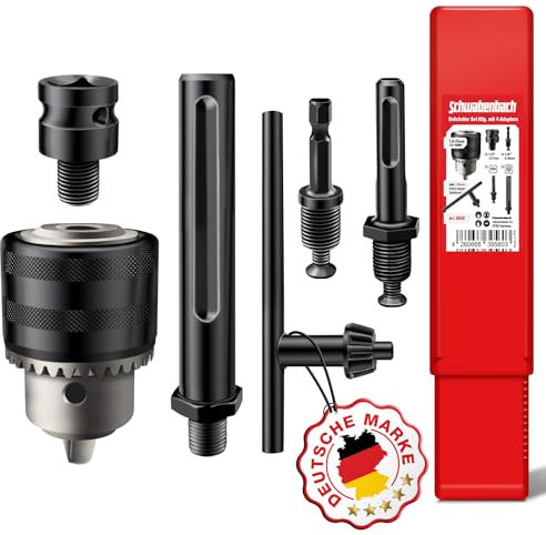 SCHWABENBACH ® Set completo di mandrino 6 pezzi con 4 adattatori - Set premium con chiave per mandrino 110mm (extra lungo), mandrino 1,5-13mm, SDS Plus & Max, esagono E6.3 e adattatore per mandrino