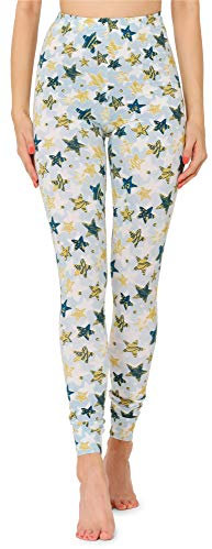 Merry Style Damen Lange Leggings mit Allover Print Muster bunt MS10-338(Weiß/Blau Gold Sterne,S)