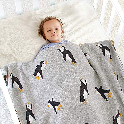 Babydecke Baumwolle Strickdecke, Surwin Mädchen und Jungen Pinguin Muster Kuscheldecke - Vielseitig Nutzbare Baby Decke für Kinderwagen, Babyschale (100x80cm,Grau)