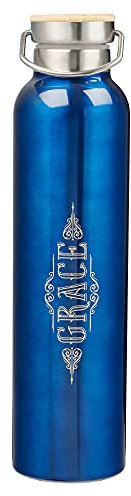Laser Engraved Stainless Steel Double Wall Vacuum Insulated Water Bottle Engraved Carry Handle Lid/Eco-Friendly Hydration Bottle/24 Hour Hot or Cold, 25 oz, Grace, Metallic Blue