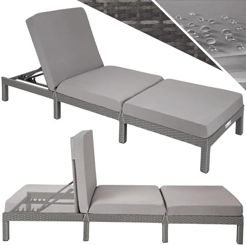 TecTake® Tumbona Jardín Exterior de Ratán y Acero con Cojines, Tumbona de Piscina con Respaldo Regulable en 6 Posiciones, Tumbona de Playa Estable y Resistente a Intemperie, Fácil Limpieza - Gris