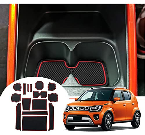 GAFAT Suzuki Ignis 2017-2024 2025 Antirutschmatten, Auto Mittelkonsole Gummimatten, Getränkehalter Matte, Aufbewahrungsbox rutschfeste Matte, Türnaht rutschfeste Matten, 15 Stück (Rot)