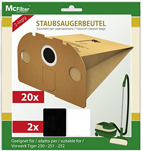 McFilter I 20 Staubsaugerbeutel kompatibel mit Vorwerk Tiger VT 250, VT 251,VT 252, VT250, VT251, VT252 inkl. 2 Abluftfilter und 2 Motorfilter, formstabile Pappdeckscheibe mit Flansch