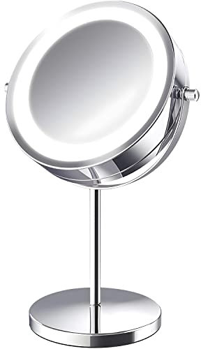 Retoo Kosmetikspiegel mit LED Beleuchtung, 30 cm hoch, Schminkspiegel, Doppelseitiger Makeup, Praktisch Vergrößerung Spiegel, Drehbar Make up Standspiegel, Tischspiegel für Zuhause