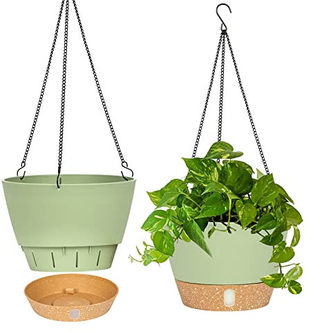 QCQHDU Lot de 2 jardinières suspendues, 25.4 cm de diamètre pour l'intérieur et l'extérieur, Pot de Fleurs Suspendu avec Trou de Drainage et 3 Crochets pour Le Jardin et la Maison (Vert).