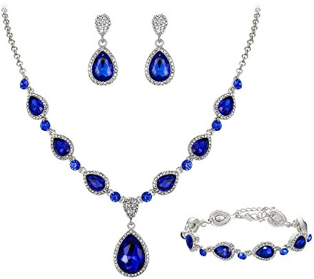 Clearine Y-Halskette + Ohrringe und Armband Marquise Kristall Tennis Armkette Hochzeit Braut Träne Diamant Kostüm Schmuckset für Damen Saphir-Blau Silber-Tone