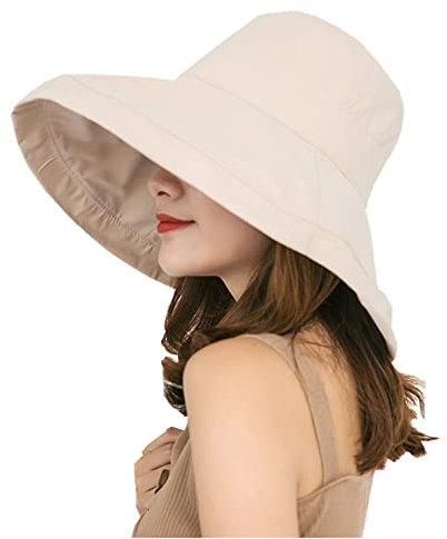 2022 Nouveauté Femme Capeline de Plage Pliable Chapeau de Soleil à Large Bord UPF 50+ Chapeau Protection Solaire Cap Visor Anti-UV Bob Coton Été Visière Casquette Respirant Avec Corde de Coupe-Vent
