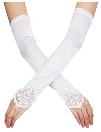 Lange Finger-Handschuhe aus Satin, dehnbar, 1920er-Jahre, Opern-Handschuhe, Abendhandschuhe für Frauen und Mädchen, ohne Finger, Klapphandschuhe (weiß, Free Size)