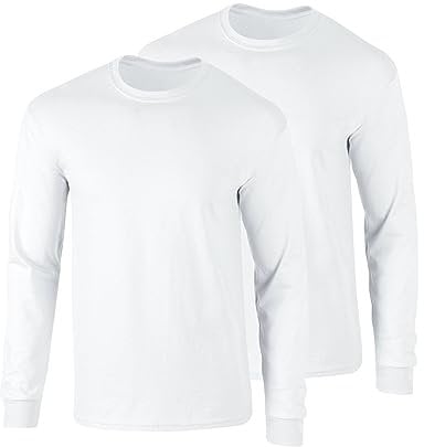 Mens Long Sleeve T Shirts, Plain Crew Neck Cotton Tops, Casual Tees - Pack of 2, White Medium