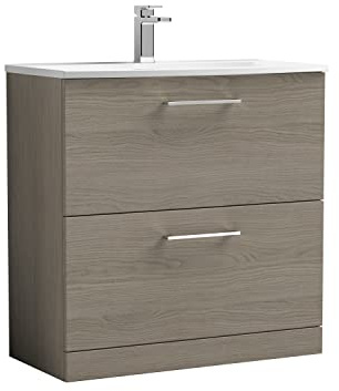 nuie ARN2535G Arno Modern Bathroom Floor Standing 2 Drawer Vanity Unit with Curved Ceramic Basin, 800mm, Woodgrain Solace Oak
