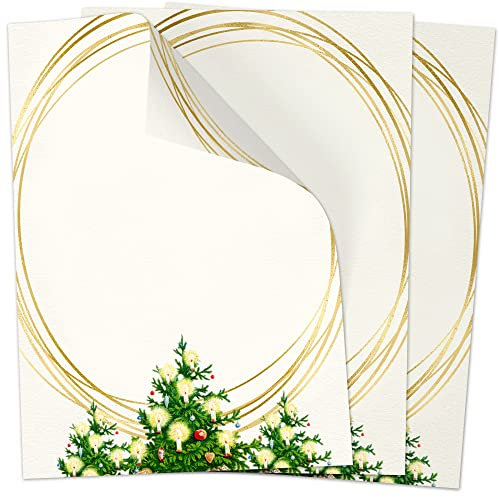 50 Blatt Weihnachtspapier (A4) | Tannenbaum ovaler Goldrahmen Look | Motivpapier | edles Briefpapier Weihnachten | beidseitig weihnachtlich bedruckt
