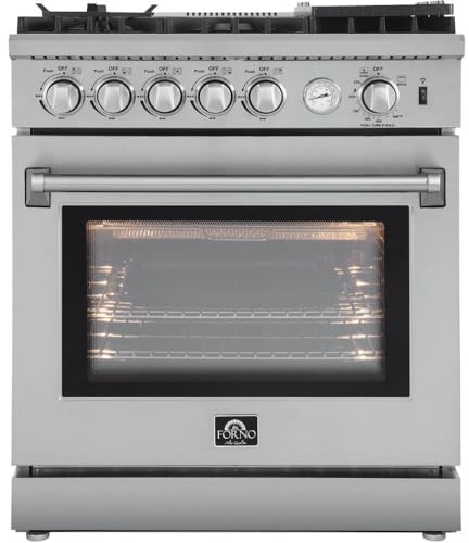 FORNO Lazio Full Gas 30 Inch. Freestanding Range with 5 Italian Sealed Burners Cooktop - 4.32 Cu.Ft. Stainless Steel Convection Oven Includes Cast Iron Accessories