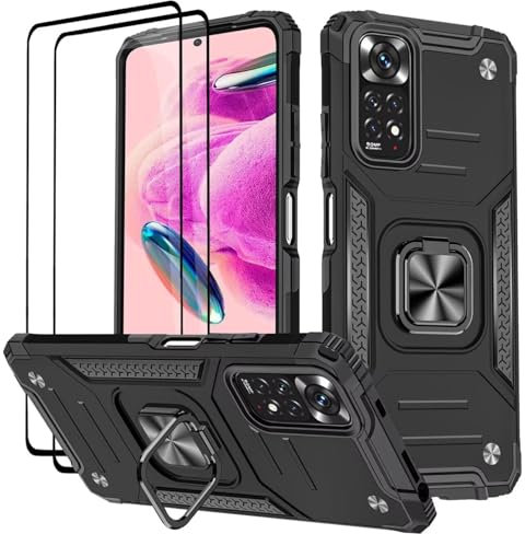 KANSi Funda para Xiaomi Redmi Note 12S / Redmi Note 11S 4G 6.43, Cristal Vidrio Templado [2 Piezas] Capa Anillo iman Soporte Hard PC y Silicona TPU Antigolpes Armor Carcasa - Negro