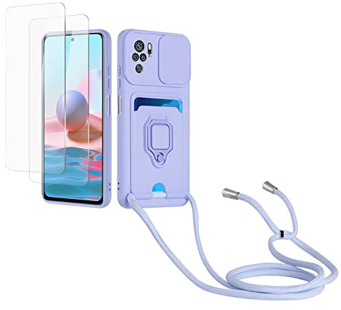 Kaslly Cordon de Coque Compatible avec Redmi Note 10 4G/Note 10S+[2 Pièces Verre Trempé],Couvercle Coulissant de la Caméra+Support Annulaire à 360 Degrés,Fentes pour Cartes Silicone Case-Violet