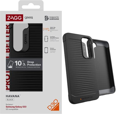 ZAGG Gear4 Havana D30 Protective Case for Samsung Galaxy S23, 6.1in, Slim, Shockproof, Impact Protection, Wireless Charging, Lightweight, Reinforced Edges, Eco-Friendly Case, (Black)