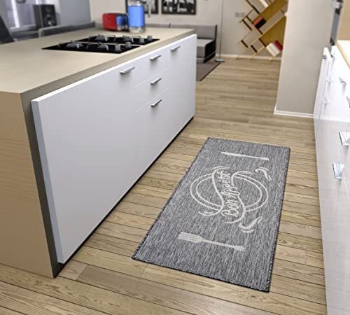Hanse Home Bon Appetit Teppich Läufer – Küchenteppich Küchenläufer mit Schriftzug, rutschfest Pflegeleicht Robust, ÖKO-TEX Teppichläufer für Küche, Flur, Esszimmer – Grau Creme, 62x150cm