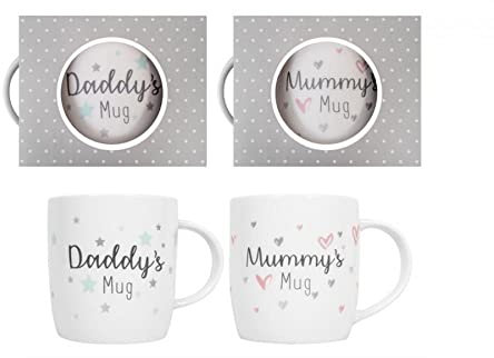 YöL Mummy and Daddy Pack of 2 Mugs - White New Bone China Drinks New Parents Gift Set - Coffee Tea Latte Cappuccino Mocha Newborn Keepsake