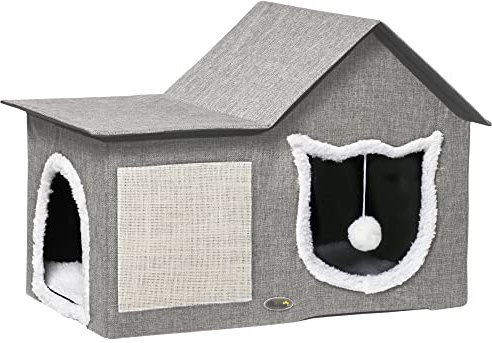 Pawhut Caseta para Gatos Casa para Gatos Interior Cama Cueva para Gatos con Almohadilla para Rascar Cojín Suave y Bola Colgante 65x41x45,5 cm Gris
