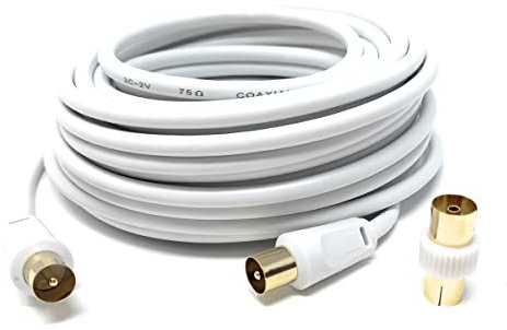 DRUT 10m TV RF Male to Male Aerial Antenna Coaxial Cable With Female to Female Coupler Gold Connectors 75 ohm 3C2V 32,5ft White