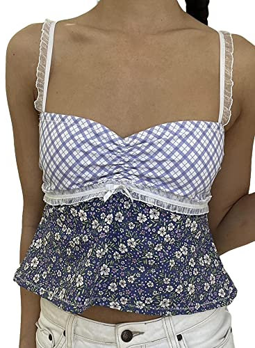 Achlibe Damen Milkmaid Top Vintage Plaid Blumendruck Spitzenbesatz ärmellos rückenfrei Tie Up Crop Tank Top Camisole, blau, 36