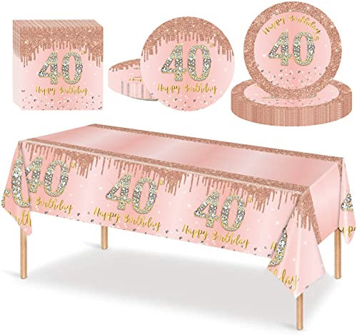 ATBEAMEN 53PCS Rose Gold Happy 40th Birthday Party Tableware Decorations for Women Birthday,Disposable Set Table Cloth,7inch,9inch Paper Plates,Napkins Women,Her Dinnerware