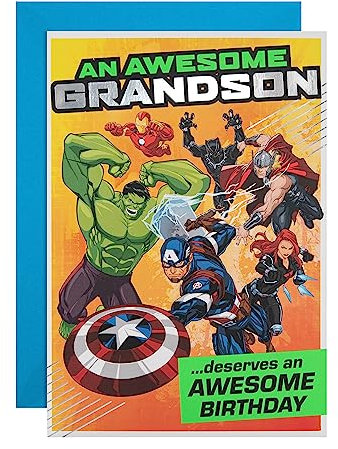 Hallmark Birthday Card for Grandson, MARVEL Superheroes, Heroes, With Activity, Orange
