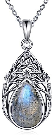 VONALA Labradorite Necklaces Sterling Silver Teardrop Tree of Life Pendant Family Tree Jewelry for Women