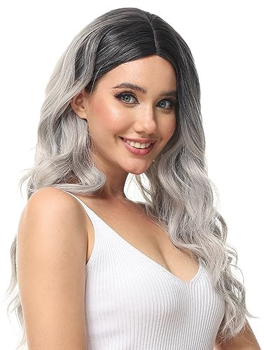 Luxiremi Grau Perücke Natürliche Lange Haare Perücken 65 cm Einstellbar Mittelteil Spitze Vorne Lockig Gewellt Perücken für Damen Täglicher Karneval