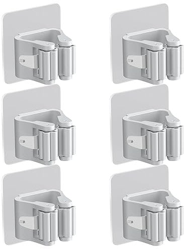 KVBUCC 6 Pcs Mop Holder, No Punching, Broom Holder, Wall Mount, Self Adhesive Mop Hanger, Cleaning Tool Storage Rack for Garden, Bathroom, Kitchen (Gray).
