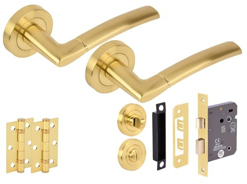 HANDLEZONE® Neemo Door Handles on Rose Bathroom Lock Pack with Ball Bearing Hinges - Brushed Brass