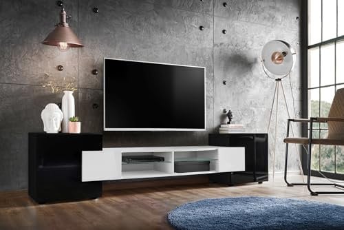 Komodee, Meuble Banc TV Merano, Noir Blanc Noir, Largeur 230 cm x Hauteur 52,5 cm x Profondeur 35 cm, sans LED, pour Salon, Chambre