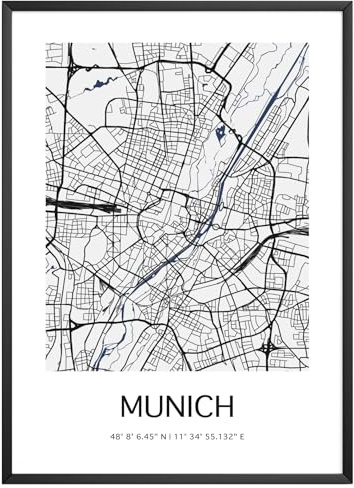 MJ-Graphics - Stadtkarte-Poster München - Bild mit schöner Karte & Koordinaten | Wandbild Din A4 in Galerie Qualität mit extra dickem 300g Posterpapier - FineArt Kunstdruck ohne Bilderrahmen