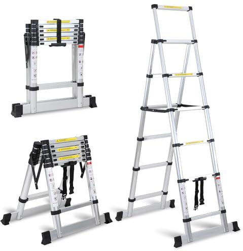 Eulenke teleskopleiter klappleiter 1,7+2M aluleiter Tragbare rutschfeste ausziehleiter 5+6 Stufen, 150 kg Belastbarkeit, Leiter ausziehbar, Mehrzweckleiter, Haushaltsleiter, treppenhausleiter