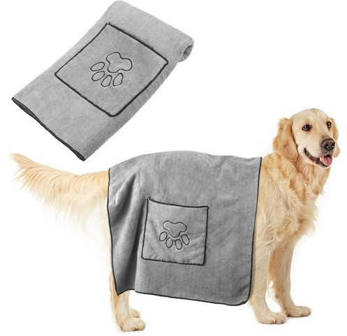 Radsocken Dog Towel Super Absorbent 100x50cm Microfibre Pet Towel with Hand Pockets for Dogs Cats and other Pets (Grey)