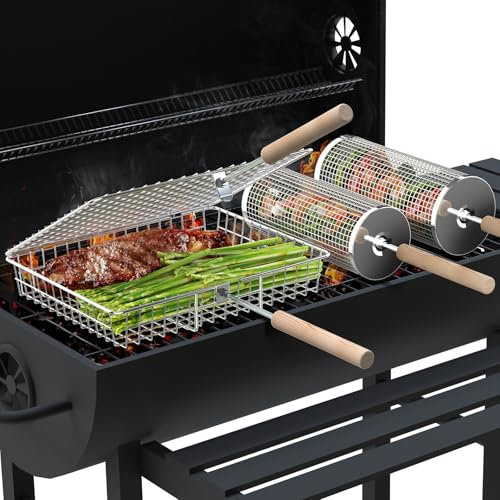 Grill Basket Set (3PCS, 1 Rectangular + 2 Round) with Removable Wooden Handle, 304 Stainless Steel, Grilling Accessories for Fish Shrimp Vegetables, Gifts for Men Dad, Outdoor BBQ Camping