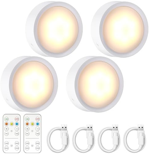 JOFLVA Luce Sottopensile Cucina Led 4PCS, Luce Notturna Ricaricabile, 3 Colori Dimmerabili,5 Livelli di Luminosità, con Telecomandi, Luci Armadio Touch con Timer, Magnetica (con Adesivo in Metallo)